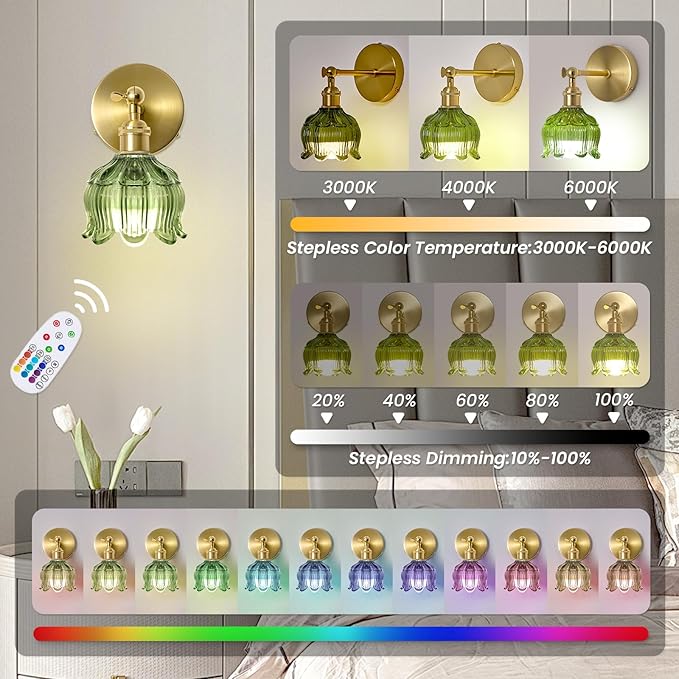 Vintage Battery Operated Wall Sconces - 5000mAh Rechargeable Dimmable Wireless Lights with Remote Control - Set of 2 Green Flower Glass Powered Light Sconce - Cordless Mounted Lighting for Bedroom