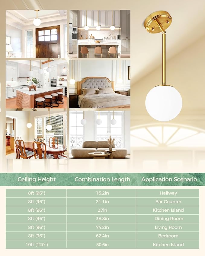 Majade Globe Pendant Lights Kitchen Island Mid Century Modern Pendant Light Fixtures 2 Pack 7.4 Inch Gold Ceiling Lighting with Milk Glass Shade Adjustable Brushed Brass Hanging Light for Dining Room