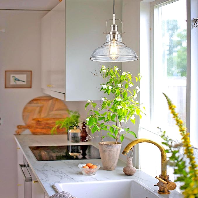 Zlepmlla Modern Glass Pendant Light，Farmhouse Industrial Light Fixture with Adjustable Cord, Seeded Glass Shade, Hanging Lights for Kitchen Island,Hallway, Dinning Room
