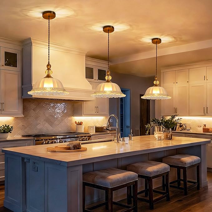 10.6" Milk Glass Vintage Pendant Light for Kitchen Island, Antique Brass Gold Pendant Light Fixture for Dining Room Hallway Bedroom