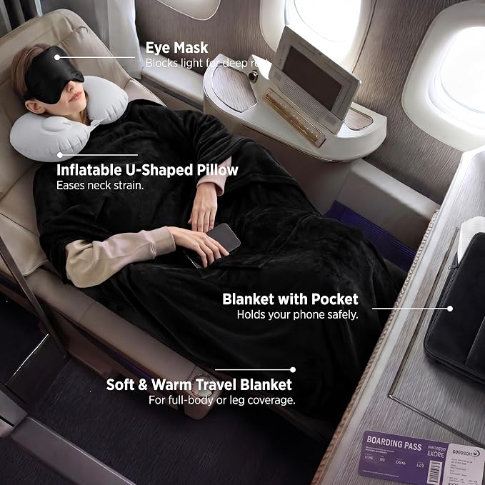 Bedsure Travel Blanket Set with Inflatable Neck Pillow and Eye Mask - Lightweight 3-in-1 Airplane Packable Blanket, Compact Travel Essentials, Black