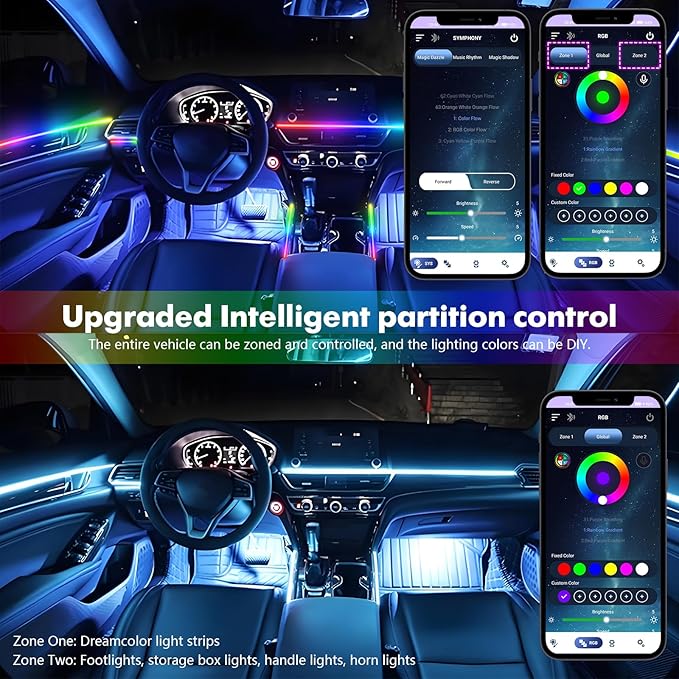 Dreamcolor Acrylic Car Interior Lights 22 in 1 RGB LED Strip Lights APP Control Zoned Control System 252 Color Modes DIY Fiber Optic Ambient Lighting Kits Music Car Neon Light Kits New Version