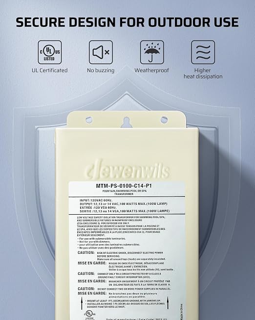 DEWENWILS 100W Pool Light Transformer, 120V AC to 12V/13V/14V AC, Multi-tap Low Voltage Transformer for Swimming Pool Lighting, Spa, Landscape & Fountain Lights, Outdoor Lighting Products, UL Listed…
