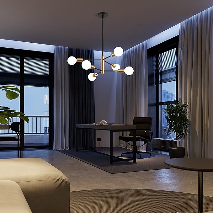 KAISITE Modern Sputnik Chandelier - 6 Light Chandelier with Height Adjustment, Black and Gold Finish for Kitchen, Bedroom and Foyer