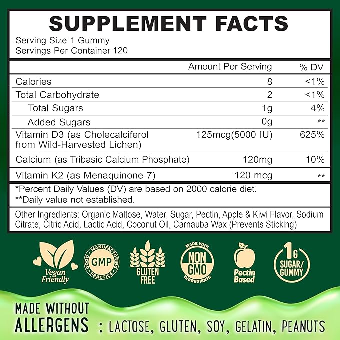 Gummies à la vitamine D3 K2 et au calcium à cœur coulant - Supplément pour des dents, des os et une énergie sains - 5000 UI de D3, 120 mcg de K2 (MK-7), 120 mg de CA - Végétalien et sans OGM - 120 gommes