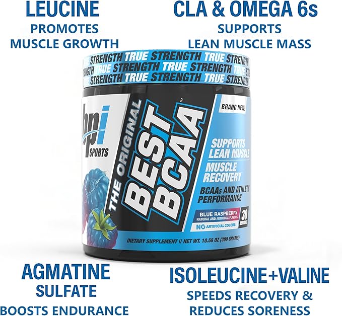 BPI Sports Best BCAA - BCAA Powder - Branched Chain Amino Acids - Muscle Recovery - Muscle Protein Synthesis - Improved Performance – Hydration – Blue Raspberry - 60 Servings - 21.12 Oz