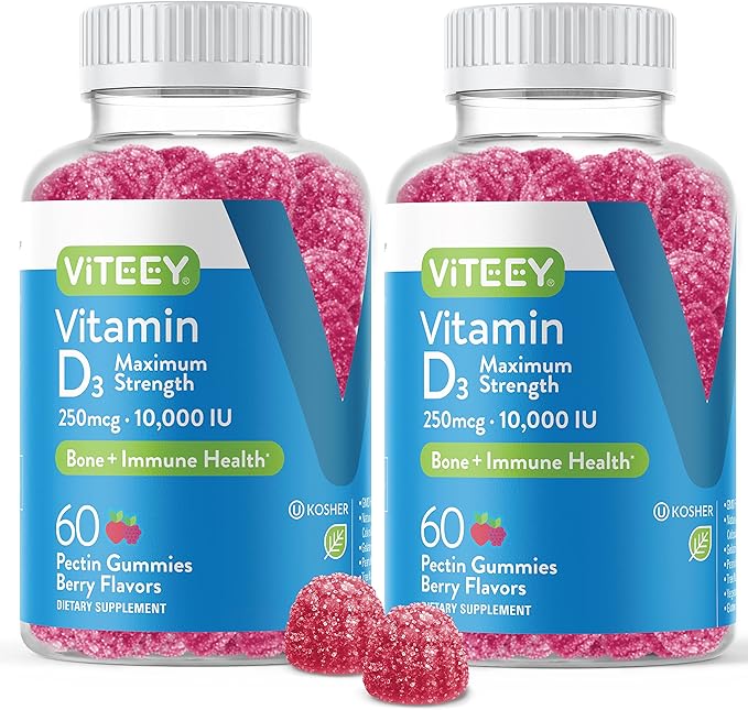 VITEEY Gommes Vitamine D3 pour Adultes et Adolescents - 10 000 UI, 250mcg, Puissance Maximale - Santé Articulaire et Musculaire, Renfort Immunitaire - Vitamine D à Croquer - Végétarien, Sans Gélatine - Goût Baies Délicieux