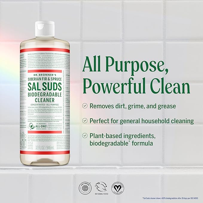 Dr. Bronner's - Nettoyant biodégradable Sal Suds (946 ml, paquet de 2) – Solution nettoyante multi-usage concentrée et savon pour serpillère, pour sols, linge et vaisselle – Formule puissante à base de tensioactifs végétaux