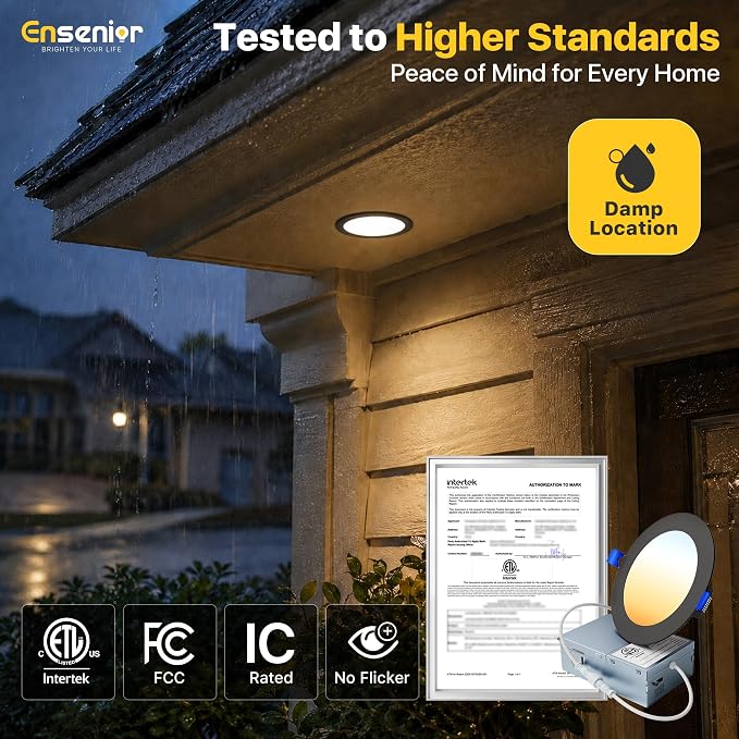 Ensenior 12 Pack 4 Inch LED Recessed Ceiling Light Black, Dimmable, 2700K-5000K 5CCT, 750LM 9W 120V, High Brightness Canless Wafer Downlight - ETL&FCC&IC
