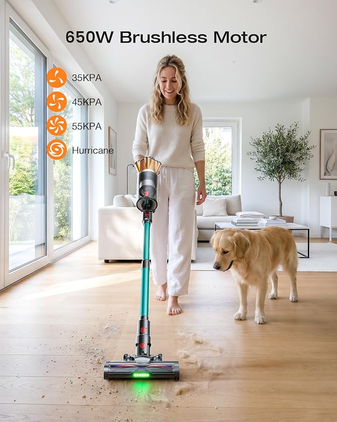 Cordless Vacuum Cleaner, 55Kpa 650W Stick Vacuum with Hurricane Mode, 70-Min Runtime, Anti-Tangle Brush, Self-Standing, LED Display, Cordless Vacuum for Pet Hair, Carpet & Hard Floor, car