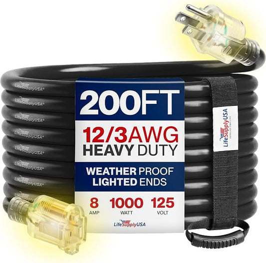 200ft Outdoor/Indoor Extension Cord 12/3 Gauge Extra Heavy Duty 3 Prong SJTW, Waterproof, Flexible Cold-Resistant Long Power Cord,8A 125V 1000W, Black by LifeSupplyUSA