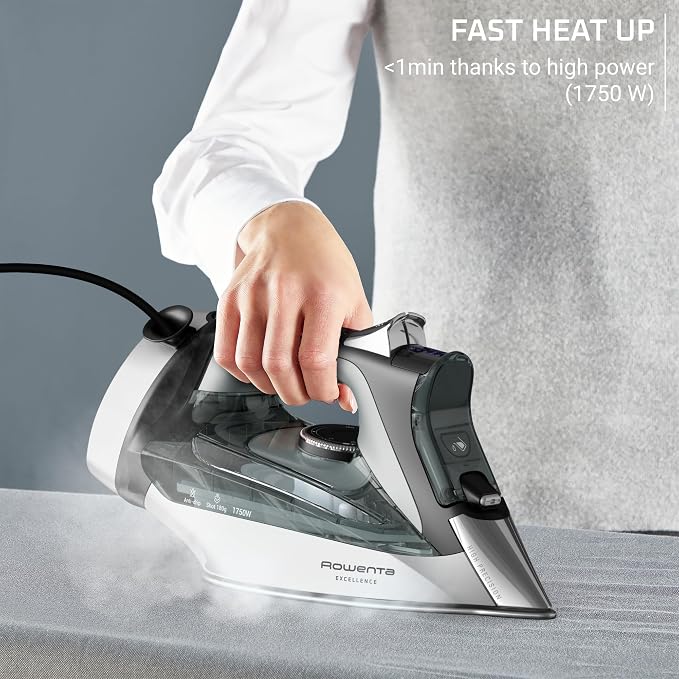Rowenta Iron, Focus Excellence Stainless Steel Soleplate Steam Iron for Clothes, Retractable Cord, 400+ Microsteam Holes, Powerful steam, LED Display, 1750 W Ironing Clothes, Cordreel, Green DW5432