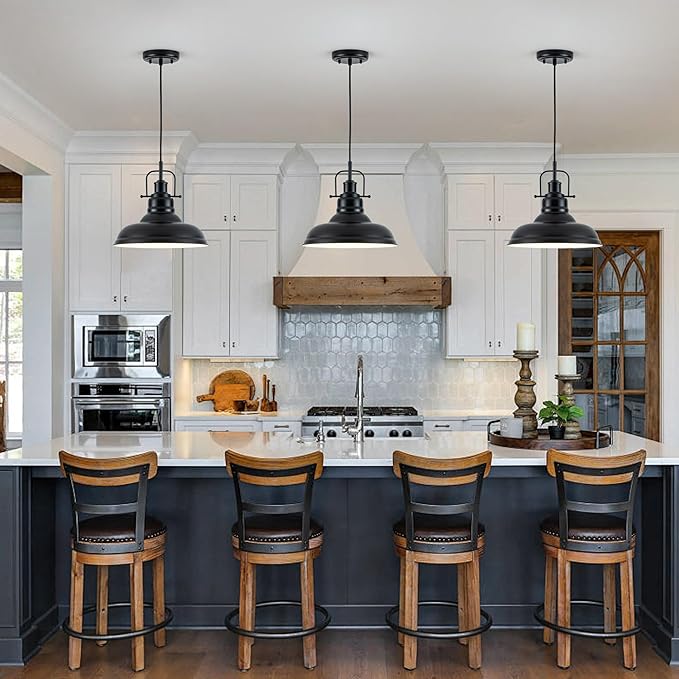 Zlepmlla Famrhouse Pendant Light, Black Pendant Light Fixture with Metal Dome Shade, Adjustable Height Hanging Light for Kitchen Island, Living Room, Bedroom
