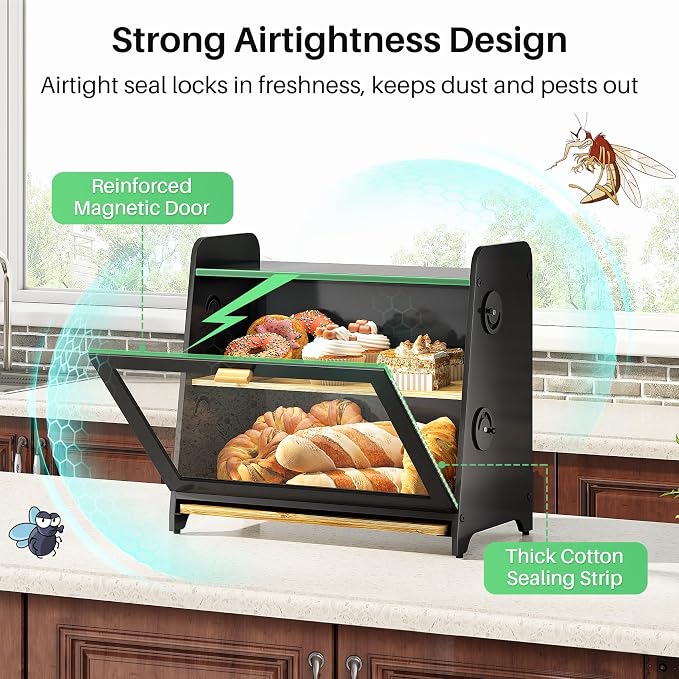 SNTD Bread Box for Kitchen Countertop, Airtight Homemade Bread Storage Container with Adjustable Vent Holes, Bamboo Cutting Board (Black, L)