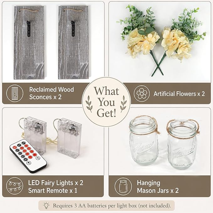 Modern Farmhouse Wall Decor Set of 2, Rustic Wall Art Living Room Decor with Led Fairy Lights and Rose Flowers, Country Home Decor Gifts, X-Large Rustic Grey