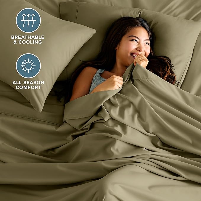 Bare Home Split Head Flex King Sheet Set - 1800 Ultra-Soft Microfiber Bed Sheets - Double Brushed - Deep Pockets - Easy Fit - 4 Piece Set - Bedding Sheets & Pillowcases (Olive)