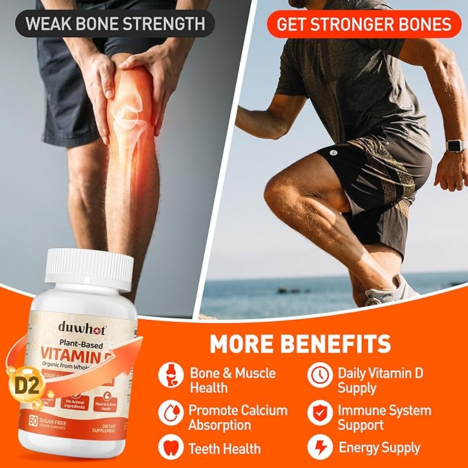 Gummies de Vitamine D2 2000 UI, Supplément de Vitamine D à Base de Plantes de Champignon Entier, pour le Soutien Osseux, Musculaire et Immunitaire, Apport Quotidien de Soleil, Végan, Sans OGM, Orange, 60 Gommes