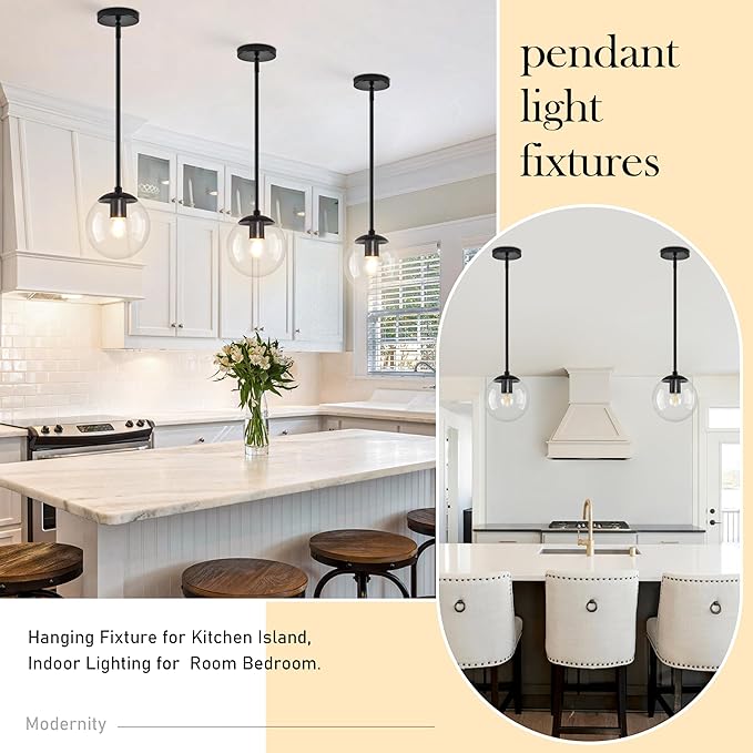 Bagood 6" Globe Pendant Light Black 2 Pack Mid Century Pendant Light Globe Pendant Lights Kitchen Island Matte Black Finished with Clear Glass Adjustable Ceiling Light Fixtures for Dining Room Bar