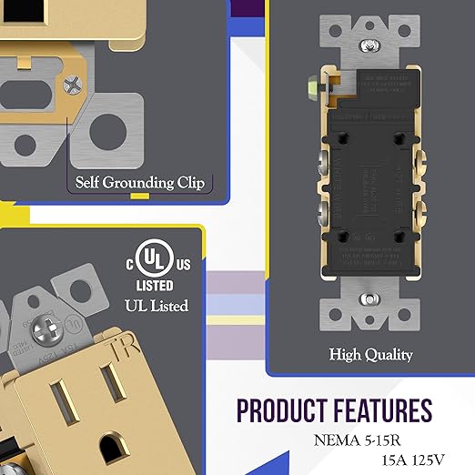 ENERLITES Elite Series Decorator Receptacle Outlet Child Safe Tamper-Resistant, Gloss Finish, Self-Grounding, Residential Grade, 15A 125V, UL Listed, 61501-TR, Brushed Gold (10 Pack)