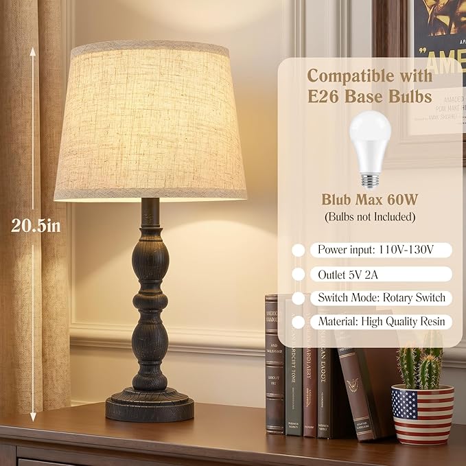 GyroVu 20.5" Table Lamps for Nightstand Set of 2, Farmhouse Lamps for Bedroom, Small Desk Lamps for Living Room, Linen Shades, Knob Switch, Bedside Lamps for Reading, Office (Black)