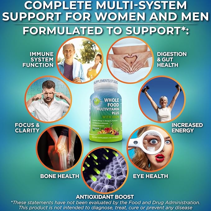 Multivitamines quotidiennes végétaliennes complètes avec fer, multivitamines méthylées pour femmes et hommes, à base de fruits et légumes, complexe de vitamines B, probiotiques, enzymes, CoQ10, oméga, curcuma, sans OGM, 90 capsules