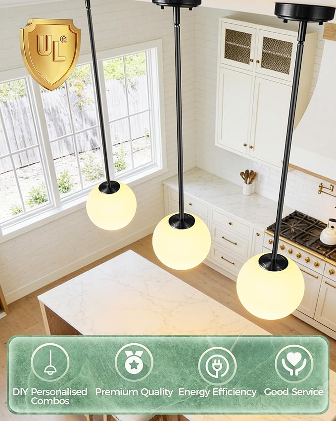 Majade Globe Pendant Lights Kitchen Island Mid Century Modern Pendant Light Fixtures 7.4 Inch Black Ceiling Lighting with Milk White Glass Shade Adjustable Hanging Light for Dining Room Living Room