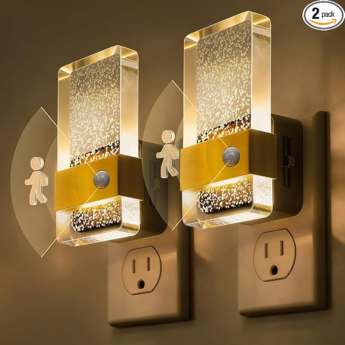 L LOHAS LED Motion Sensor Night Light, 2 Pack Night Lights Plug Into Wall Motion Activated and Dusk to Dawn Sensor, 0-100LM Dimmable Nightlight, Warm White Nightlights for Bathroom, Hallway, Gift