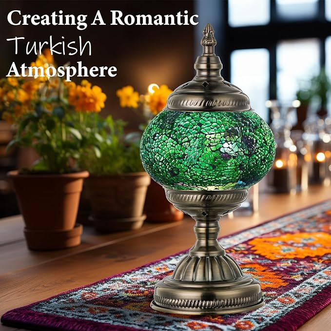 Marrakech Morrocan Mosaic Table Lamps with Vintage Style, Handmade Turkish Lamp with Bronze Base Including LED Bulb for Living Room Bedroom Decor (Shard Green)