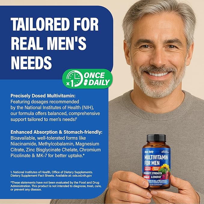 Multivitamin for Men - B-Complex | Whole Foods & Enzymes - Energy, Focus & Brain | Men's Health Complex - 46in1 Mens Multivitamin - Bioavailable & Gentle on Stomach - Made in USA - 90 Capsules, 1/Day
