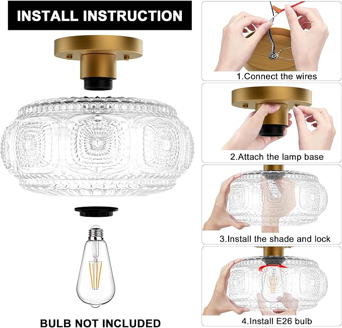 Semi Flush Mount Ceiling Light, Upgraded Larger Gold Glass Ceiling Light Fixture, Vintage Lighting for Hallway Kitchen Bedroom Dining Room, Bulb Not Included