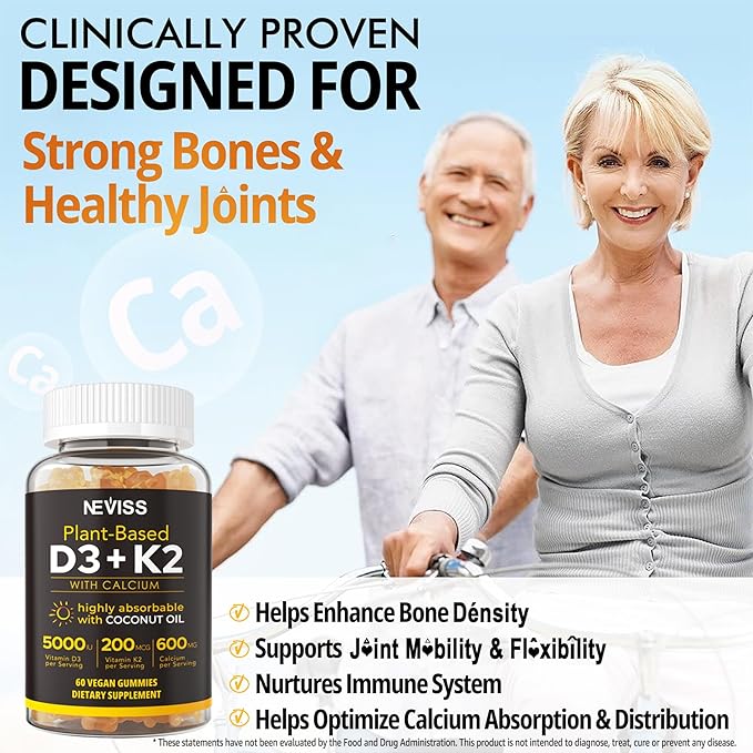 ビタミンD3 5000IU＆K2(MK7) 200mcg グミ + カルシウム 600mg、ココナッツオイル配合で高吸収、最大強度ビタミンD3 K2サプリメント - 骨、筋肉、歯、免疫のサポートに、ビーガン対応 60粒