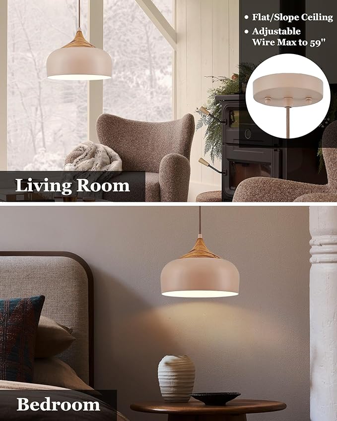ELYONA 12 Inch Modern Pendant Light for Kitchen Island Farmhouse Hanging Lamp with Faux Pine Wood Grain Metal Shade, Adjustable Wabi Sabi Boho Ceiling Fixture for Dining Room Bedroom,Light Brown