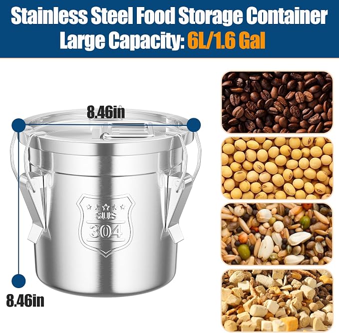 1.6Gal/6L Stainless Steel Airtight Canister, Airtight Food Storage Container with Lid and Lock Clips, 304 Stainless Steel Canister for Rice, Flour, Grain, Coffee Bean