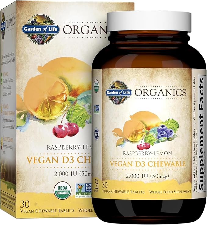 Garden of Life Organics Vitamine D3 Végétalienne Mâchable - Framboise Citron, 2 000 UI (50 µg) Vitamine D3 Alimentaire Complète issue du Lichen Plus Mélange de Superaliments & Champignons, Sans Gluten, 30 Comprimés à Croquer