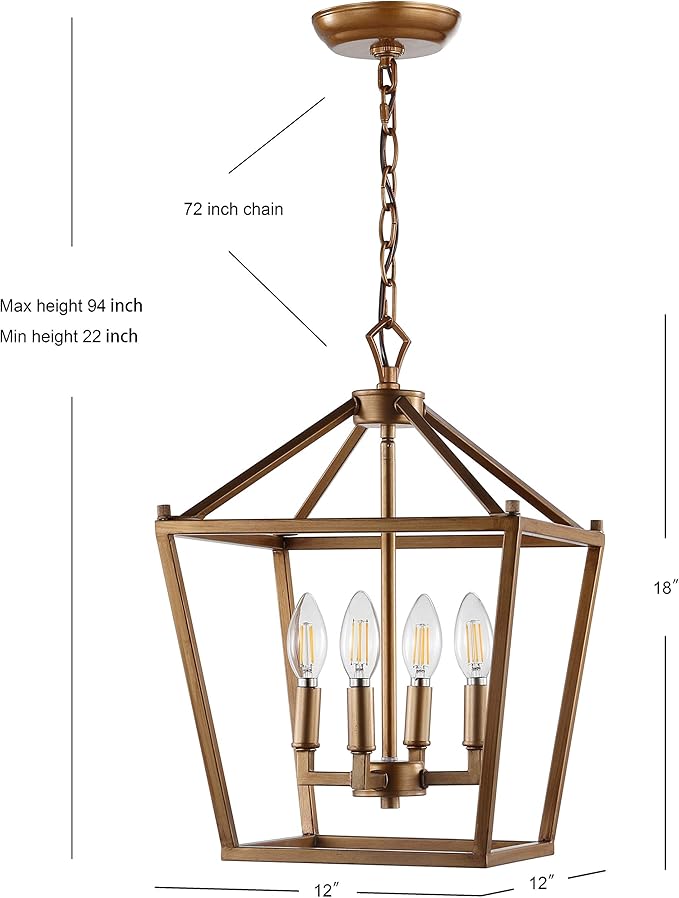 JONATHAN Y 12" Antique Gold Lantern Pendant Light, 4-Light Pagoda Style Metal Cage Farmhouse Hanging Ceiling Fixture for Kitchen Island, LED Bulb Included (JYL7436B)