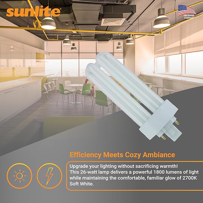 Sunlite PLT26/E/SP Compact Fluorescent Plug-in PLT 4-Pin Triple Tube, 26 Watts, 4-Pin GX24q3 Base, 1800 Lumens, 2700K Soft White, 10 Pack