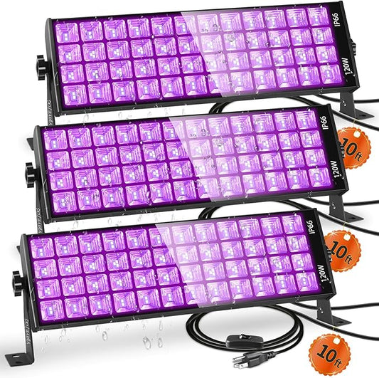 120W LED Black Light Bar, 10FT Cord & Switch, Aluminum Shell, YIAYETOG IP66 Waterproof Black Lights for Large Space, Glow Party, Halloween, Body Paint, Yard, 3 Pack