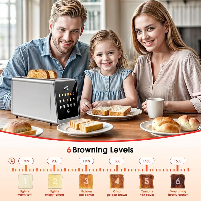 Smart Toaster 2 Slice with Touchscreen, 900W Stainless Steel Wide Slot 1.5 Inch, BreadID Tech Live Countdown Timer, Memory Function, Defrost Reheat for Bagel Waffle Bread, Kitchen Essentials