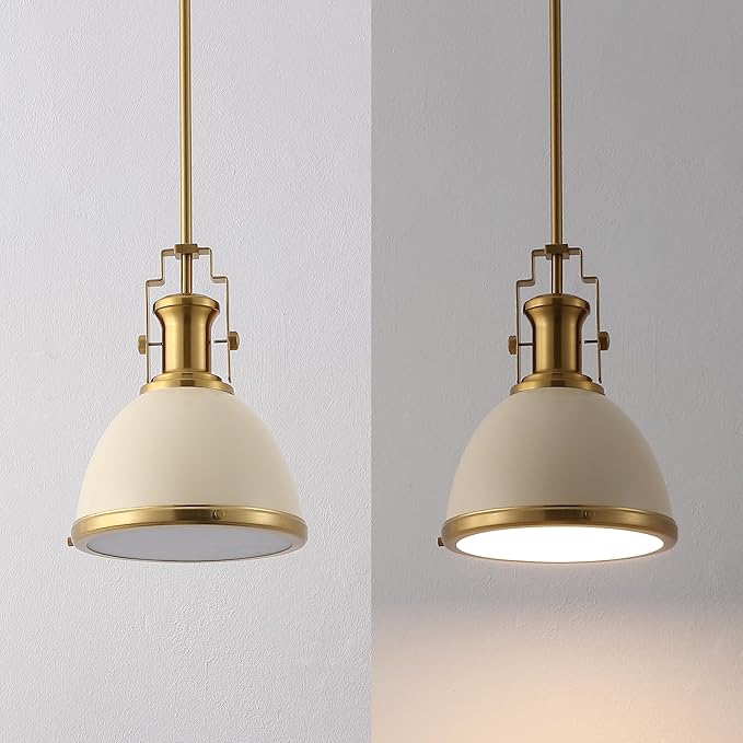 JONATHAN Y JYL9535F 10" Modern Industrial Dome Pendant Light, Farmhouse Hanging Light Fixture in Almond and Brass Gold, Adjustable Height Metal Lighting for Kitchen Island, Dining Room, Entryway