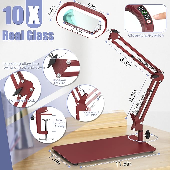 Drdefi 10X Square Magnifying Glass with Light and Stand, Real Glass LED Lighted Magnifier, 5 Color Modes Stepless Dimmable, Hands-Free Mag Desk Lamp with Clamp for Reading Craft Hobby Close Work Red