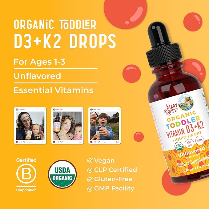 MaryRuth Organics Vitamine D3 | Vitamine K2 | Gouttes D3 K2 | Supplément Liquide Vitamine K2 D3 pour Tout-petits | Supplément pour Enfants pour l'Absorption du Calcium et des Os Forts | Vegan | Sans Gluten | 30 ml