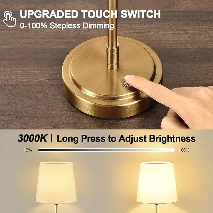 Cordless Table Lamps Set of 2 – Battery Operated Lamp with 7500mAh Rechargeable Battery, Stepless Dimmable Vintage Brushed Gold Desk Wireless Lamps for Dining Room, Nightstand & Patio (Bulbs Included)