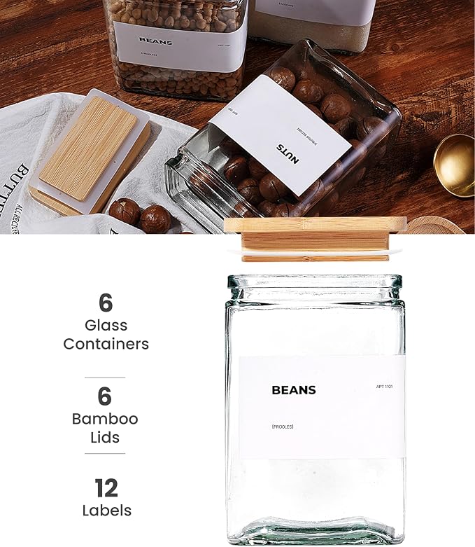 APT 1101 Glass Storage Jars with Bamboo Lid, glass canisters with airtight lids, Clear jars with lids for Spice, Cookie, Candy, Tea, Coffee Bean and Rice (White, 26 oz, Set of 6)