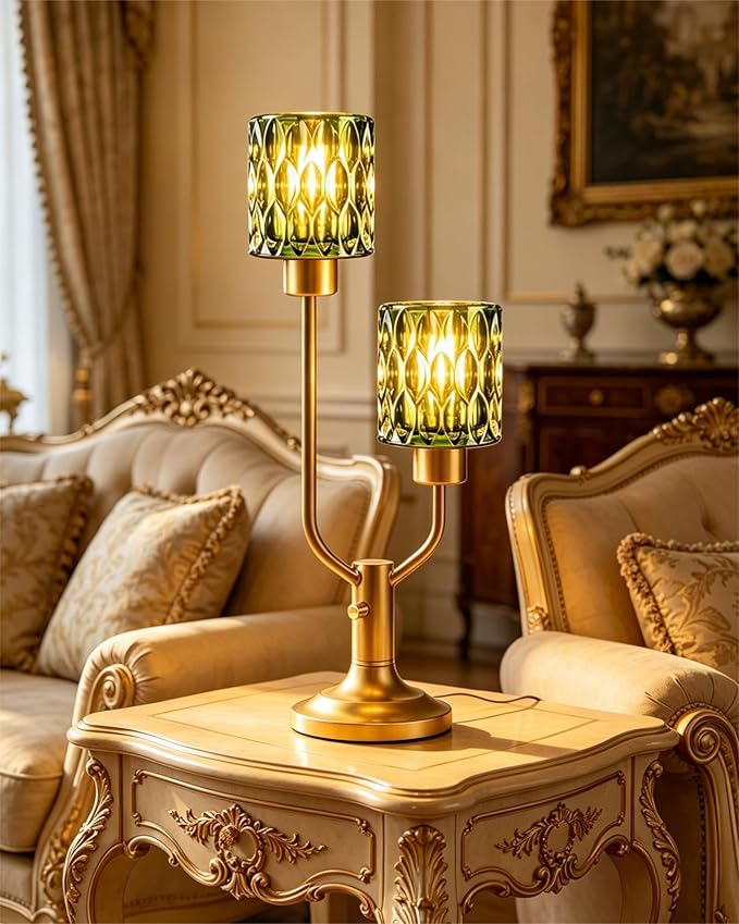 Lightdot Mid Century Modern Green Table Lamp for Bedroom Dimmable Nightstand Lamp Vintage Glass Gold Desk Lamp 2 Bulbs Included Warmwhite Ambient Bedside Lamps for Living Room Home Office Decor Gift