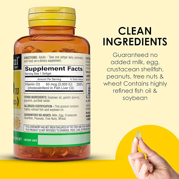 MASON NATURAL Vitamine D3 2 000 UI Ultra Résistance, Favorise la Densité Osseuse, la Force et la Santé Immunitaire, 300 Gélules