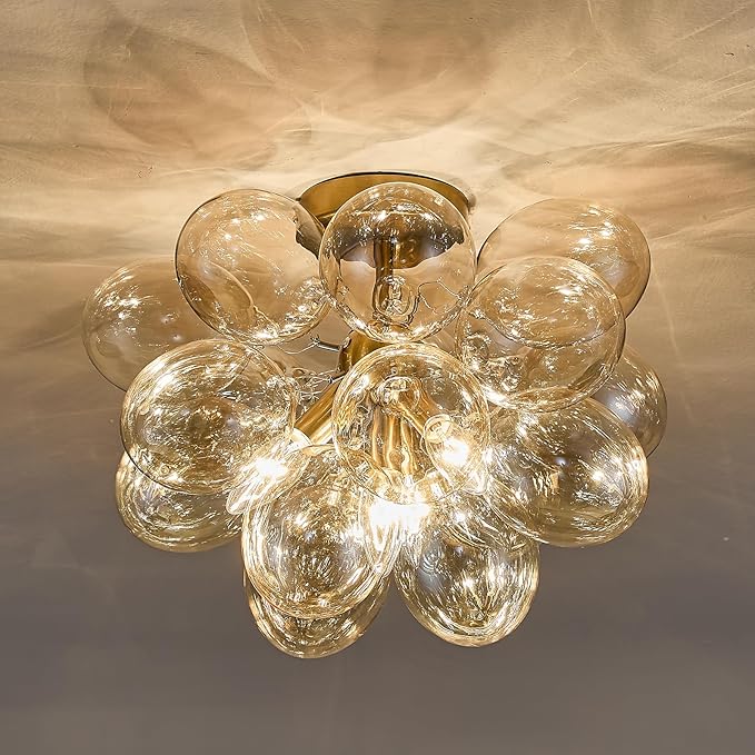 Surpars House Cognac Bubble Ball Chandelier, Flush Mount Glass Ceiling Light, Modern 4 Lights Ceiling Lighting Fixture for Bedroom,Livinng Room,Dining Room