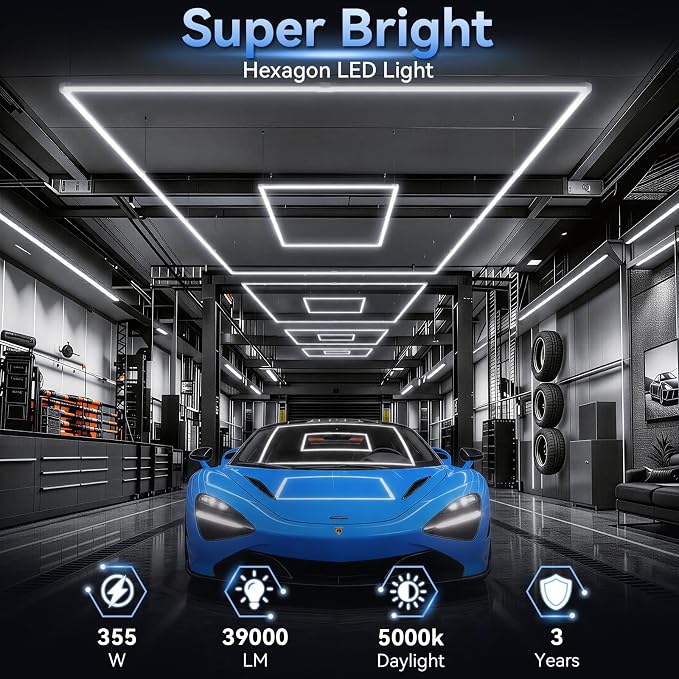 LZHOME LED Garage Lights: 355W Super Bright Square Garage Lights, 5000K Natural White LED Gym Lighting Hexagon Light for Workshop Warehouse Car Detailing Shop