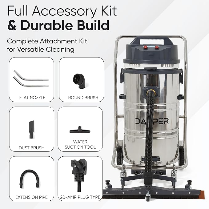 Dapper Supply 21 Gallon Heavy-Duty Industrial Wet/Dry Vacuum, Dual Motor, 3.3 HP, 222 CFM, 27" Squeegee, 120V/20A Plug, 2 Year Warranty - Ideal for Construction Sites, Warehouses & Industrial Cleanup