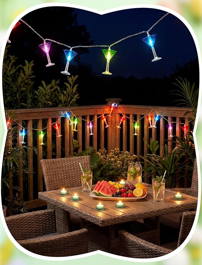 Margarita Fiesta Party Lights, 8.5Ft Summer Decorative String Lights Plug in with 10 LED Multicolor Cocktail Glass Lights, Indoor Outdoor Patio Lights Waterproof for Home Tiki Bar Party Lighting Decor