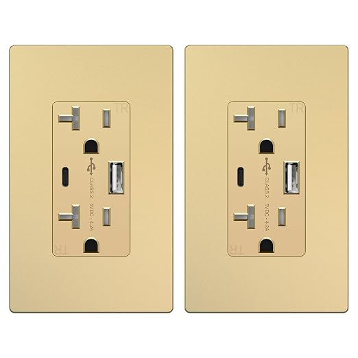 TOPGREENER 2-Port USB Outlets, 4.2A Type A & Type C USB Wall Outlet, 20 Amp Tamper-Resistant USB Outlets Receptacles, Wall Plate Included, UL Listed, TU22036AC-GDWSI-2PCS, Gold, 2 Pack